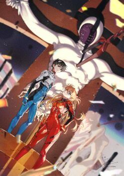 Rule 34 | 1boy, 1girl, absurdres, angel (evangelion), black hair, blue eyes, bodysuit, breasts, colored skin, crucifixion, curvy, dutch angle, fadingz, full body, giant, giantess, highres, ikari shinji, interface headset (evangelion), lance of longinus (evangelion), lilith (ayanami rei), lilith (evangelion), long hair, mask, mecha pilot suit, neon genesis evangelion, orange hair, plugsuit (evangelion), red bodysuit, shiny clothes, short hair, signature, souryuu asuka langley, the end of evangelion, white hair, white skin, wide hips, wings