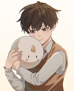 1boy aegyo_sal animal animal_hug biyoo_(omniscient_reader&#039;s_viewpoint) black_eyes black_hair brown_vest child collared_shirt highres kim_dokja male_focus nadardoh oldest_dream omniscient_reader&#039;s_viewpoint shirt short_hair smile sparkling_eyes upper_body vest white_shirt