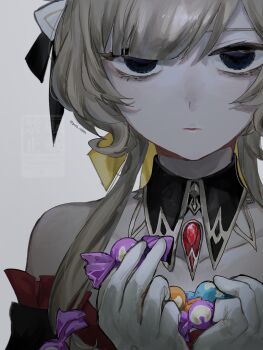 Rule 34 | 1girl, alternate eye color, bare shoulders, black eyes, brooch, candy, commentary request, detached collar, empty eyes, food, genshin impact, gnsn tera, grey background, grey hair, highres, holding, holding candy, holding food, jewelry, long hair, looking at viewer, sandrone (genshin impact), solo