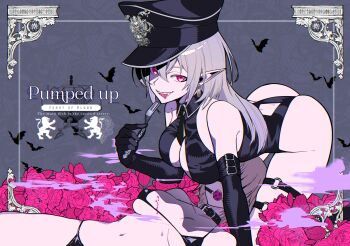 2girls ass ball_gag bare_shoulders bat_(animal) bdsm bent_over bikini black_bikini black_gloves black_hat black_leotard black_necktie blindfold breasts brown_hair buckle cleavage collar collarbone commission crest earrings elbow_gloves english_text fangs flower fork gag gagged gloves grey_background grey_hair hair_between_eyes hat highres holding holding_fork jewelry large_breasts leotard long_hair looking_at_viewer lying medium_breasts micro_bikini multiple_girls navel necktie o-ring on_back open_mouth original patterned_background peaked_cap pink_eyes pink_flower pink_rose pixiv_commission pointy_ears rose ryuu_tou short_hair slit_pupils swimsuit teeth thigh_strap tongue tongue_out upper_teeth_only