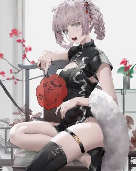 1girl absurdres alternate_costume animal_print asymmetrical_legwear bare_arms bat_print black_dress black_nails black_shirt black_shoes black_thighhighs blue_eyes blunt_bangs braid braided_hair_rings branch chair china_dress chinese_clothes darr1o dress fangs feet_out_of_frame flower hair_ornament hair_rings hand_fan head_tilt highres holding holding_fan looking_at_viewer nail_polish nanakusa_nazuna_(yofukashi_no_uta) open_mouth plant red_flower shirt shoes short_hair short_sleeves sidelocks single_bare_leg single_thighhigh sitting solo teeth thighhighs thighs transparent_fan vampire yofukashi_no_uta