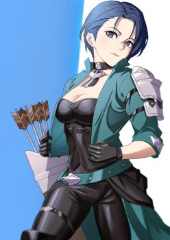 1girl absurdres aqua_belt aqua_jacket armor arrow_(projectile) asymmetrical_hair belt black_gloves black_pants blue_hair bodice breasts choker cleavage closed_mouth collarbone fire_emblem fire_emblem:_three_houses gloves green_belt green_jacket highres jacket kwajia3 large_breasts looking_at_viewer nintendo pants purple_eyes quiver shamir_nevrand short_hair shoulder_armor solo