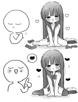 1boy 1girl :3 :o ? arm_support artist_self-insert blunt_bangs blush blush_stickers confused dot_nose drakeposting_(meme) greyscale heart highres hime_cut long_hair looking_at_viewer meme mole mole_under_eye monochrome multiple_views naked_bowtie original petite school_uniform simple_background sitting smile spoken_heart thumbs_up tunyaumai white_background yokozuwari