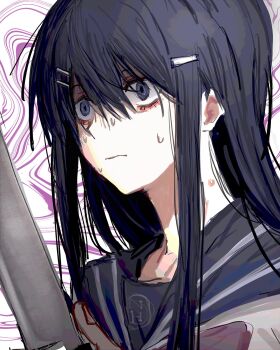 1girl aayoii_00 black_hair black_sailor_collar bow bowtie danganronpa:_trigger_happy_havoc danganronpa_(series) hair_ornament hairclip highres holding holding_knife knife long_hair maizono_sayaka pink_bow pink_bowtie portrait sailor_collar school_uniform shirt sweat white_background white_shirt