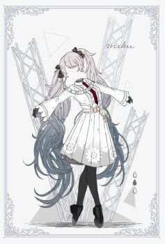 1girl 25-ji_miku belt_buckle black_gloves black_necktie black_pantyhose black_shoes border buckle center_frills character_name collared_shirt commentary_request crossed_legs frills full_body gear_print gloves gradient_hair grey_background hair_ribbon hatsune_miku highres invisible key kuiruri long_hair long_sleeves multicolored_hair necktie ornate_border pantyhose pleated_skirt project_sekai ribbon shirt shoes skirt solo striped_ribbon suspender_skirt suspenders tiptoes twintails very_long_hair vocaloid white_shirt wide_sleeves