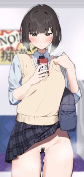 1girl bad_proportions bag bar_censor black_hair black_skirt blunt_bangs blush breath cellphone censored commentary_request cowboy_shot gluteal_fold highres hitotachi_(gysx3378) holding holding_phone no_panties original phone plaid_clothes plaid_skirt pleated_skirt school_bag school_uniform shirt short_hair skirt skirt_caught_on_object solo steaming_body sweat sweater_vest train_interior white_shirt yellow_sweater_vest