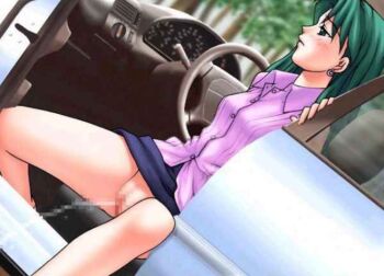 1girl black_skirt blush breasts car censored earrings green_eyes green_hair houkago_ren-ai_club jewelry joy_ride libido long_hair looking_down medium_breasts motor_vehicle no_panties office_lady peeing pencil_skirt purple_shirt pussy shirt sitting skirt spread_legs steering_wheel striped_clothes striped_skirt tree yamashina_mizuho