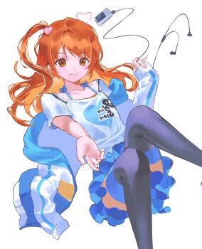 1girl aeri_(aerikatsu) amamiya_rizumu black_thighhighs blue_skirt brown_eyes digital_media_player earphones feet_out_of_frame hair_ornament heart heart_hair_ornament highres jacket long_hair looking_at_viewer one_side_up open_clothes open_jacket orange_hair pretty_rhythm pretty_rhythm_aurora_dream pretty_series shirt simple_background sitting skirt sleeves_past_wrists smile solo t-shirt thighhighs white_background white_jacket white_shirt