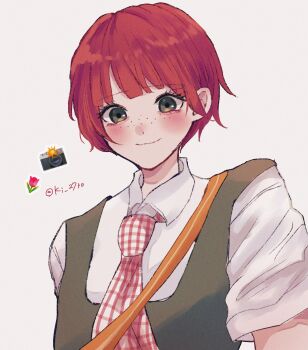 Rule 34 | 1girl, blush, camera, closed mouth, collared shirt, commentary request, danganronpa (series), danganronpa 2: goodbye despair, emoji, eyelashes, flower, freckles, green eyes, highres, ki 27ro, koizumi mahiru, necktie, plaid clothes, plaid necktie, red flower, red hair, red rose, rose, shirt, short hair, short sleeves, simple background, smile, solo, twitter username, upper body, very short hair, white background, white shirt