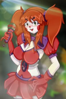 1girl circus_baby_(fnaf) blush blush_stickers bow breasts clown colored_skin five_nights_at_freddy&#039;s five_nights_at_freddy&#039;s:_sister_location gloves green_eyes hand_on_own_hip holding holding_microphone large_breasts long_hair looking_at_viewer mairusu-paua microphone open_mouth orange_hair propeller robot skirt smile twintails white_skin
