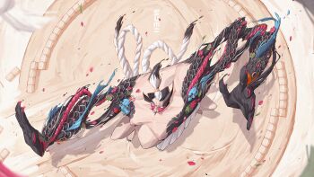 Rule 34 | 1boy, absurdres, arm tattoo, black nails, commentary, english commentary, fat, fat man, from above, highres, male focus, multicolored hair, nail polish, original, patrick ganas, ponytail, puffy male chest, red nails, rope, solo, sumo, sumo ring, tattoo, toenail polish, toenails, two-tone hair, white rope