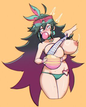 1girl 1other ahoge ameli_(girls'_frontline) bandeau bandeau_bikini bandeau_lift bikini blowing_bubble_gum blush breasts chewing_gum choker clothes_lift cowboy_shot disembodied_hand doce earrings fingerless_gloves girls'_frontline gloves gradient_hair green_bikini green_hair hair_ribbon heart highres jewelry large_breasts long_hair multicolored_hair nipples o-ring o-ring_bikini official_alternate_costume one_breast_out orange_background pink_gloves purple_hair ribbon sidelocks solo_focus sunglasses_on_head surprised sweat swimsuit very_long_hair