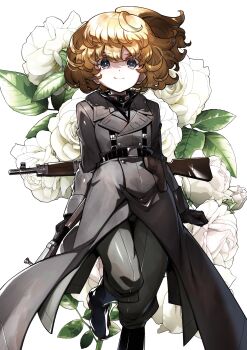 Rule 34 | 1girl, absurdres, black boots, black coat, black gloves, blonde hair, boots, coat, flower, gloves, grey eyes, grey pants, gun, highres, holster, lapels, long sleeves, looking at viewer, military uniform, notched lapels, overcoat, pants, rifle, rose, short hair, smile, solo, tanya degurechaff, toujou chika, weapon, weapon on back, white background, white flower, white rose, youjo senki