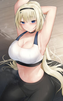 1girl arms_up azur_lane ball black_pants blonde_hair blue_eyes breasts commentary_request exercise_ball from_above highres indoors large_breasts long_hair looking_at_viewer midriff navel nori_aji official_alternate_costume painleve_(azur_lane) painleve_(team_stretching)_(azur_lane) pants ponytail solo sports_bra tight_clothes tight_pants very_long_hair white_sports_bra yoga_pants