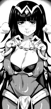 Rule 34 | 1girl, blunt bangs, breasts, bridal gauntlets, cleavage, fire emblem, fire emblem awakening, greyscale, hair ornament, highres, ireading, jewelry, large breasts, looking at viewer, monochrome, nail polish, navel, nintendo, parted lips, ring, see-through clothes, smile, stomach, tharja (fire emblem), twintails