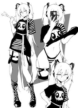 Rule 34 | 1girl, :/, absurdres, alternate costume, boots, cellphone, clothes lift, commentary, english commentary, food, greyscale, hatsune miku, heart, heart o-ring, highleg, highleg panties, highres, holding, holding food, holding phone, kekel, long hair, looking at viewer, monochrome, multiple views, navel, o-ring, o-ring thigh strap, panties, phone, selfie, shirt, shirt lift, shoes, simple background, skirt, smartphone, smile, spring onion, standing, striped clothes, striped panties, thigh strap, thighs, twintails, underwear, very long hair, vocaloid, white panties