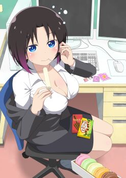 10s 1girl :> black_hair black_legwear black_shoes blazer blue_eyes blush body_blush brand_name_imitation breasts candy chair cleavage closed_mouth collarbone computer computer_keyboard computer_mouse computer_tower condom desk dress_shirt eating elma_(maidragon) female_focus food formal_clothes from_above from_side gradient_hair hand_in_own_hair highres holding holding_food jacket kobayashi-san_chi_no_maidragon long_sleeves macaron medium_breasts monitor mousepad_(object) multicolored_hair off_shoulder office_chair office_lady pencil_skirt pocky popsicle purple_hair sa_no_hi_ra_mugi shirt shoes sitting skirt skirt_suit slit_pupils smile snack solo suit sweatdrop swivel_chair white_shirt