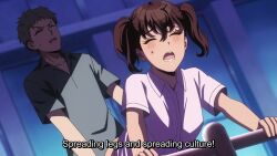 1boy 2girls against_fence animated anime_screenshot blush brown_hair closed_eyes doggystyle fence highres multiple_girls nukigee_mitai_na_shima_ni_sunderu_watashi_wa_dou_surya_ii_desu_ka? open_mouth public_indecency sex sex_from_behind shirt sound subtitled tachibana_asane tagme twintails vaginal video walking white_shirt