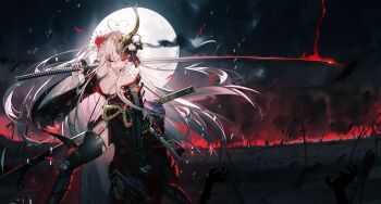 1girl absurdres armor battlefield breasts burning cleavage commentary_request field_of_blades fire flag full_moon garter_straps glowing glowing_eyes highres holding holding_sword holding_weapon japanese_armor katana large_breasts light_particles long_hair looking_at_viewer moon moonlight night niliu_chahui off_shoulder original planted planted_sword planted_weapon red_eyes sheath shoulder_armor skindentation sky smoke sode solo sword thick_thighs thighhighs thighs tokisaki_mio_(niliu_chahui) torn_clothes torn_thighhighs very_long_hair weapon