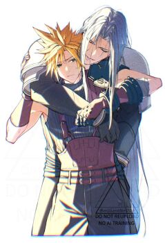 2boys arm_around_neck armor armored_gloves bandaged_arm bandages bangle belt black_coat black_gloves black_pants blonde_hair bracelet brown_belt brown_gloves closed_eyes closed_mouth cloud_strife coat cowboy_shot cropped_legs final_fantasy final_fantasy_vii final_fantasy_vii_remake frown furrowed_brow gloves grey_hair hair_between_eyes holding_another&#039;s_arm hug hug_from_behind jewelry long_hair male_focus multiple_belts multiple_boys open_mouth pants parted_bangs pauldrons sephiroth short_hair shoulder_armor single_bare_shoulder single_pauldron sleeveless sleeveless_turtleneck smile spiked_hair suspenders sweatdrop turtleneck twitter_username white_background yaoi yunyunonigiri