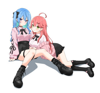 2girls absurdres ahoge black_boots black_bow black_bowtie black_ribbon black_skirt blue_eyes blue_hair blush boots bow bowtie breasts buttons closed_mouth collared_shirt ear_piercing felutiahime frilled_shirt frills green_eyes hair_between_eyes hair_bow highres hololive hoshimachi_suisei jirai_kei long_hair long_sleeves multiple_girls piercing pink_hair pink_shirt ribbon sakura_miko shirt skirt suspender_skirt suspenders virtual_youtuber white_background white_shirt