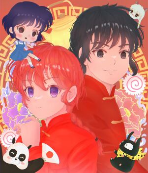 Rule 34 | 1boy, 2girls, :o, absurdres, animal, animal on head, bandana, black eyes, black shoes, blue dress, blush stickers, braid, brown eyes, cat, chibi, chibi.charm, closed mouth, colored eyelashes, dress, flower, hand fan, hand up, highres, holding, holding fan, multiple girls, on head, p-chan, panda, pig, pink flower, purple eyes, purple flower, ranma-chan, ranma 1/2, red background, saotome genma (panda), saotome ranma, shampoo (cat), shoes, short hair, single braid, split mouth, teapot, tendou akane, yellow bandana