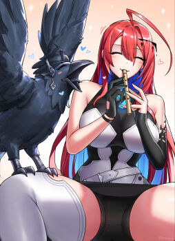 1girl ahoge belt bird black_gloves blue_hair breasts closed_eyes colored_inner_hair commentary crow elizabeth_rose_bloodflame english_commentary flute gloves heart highres hololive hololive_english huge_ahoge instrument long_hair multicolored_hair red_hair single_glove thighhighs twitter_username virtual_youtuber white_belt white_thighhighs yubaest