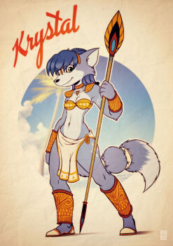 1girl absurdres animal_ears animal_nose arm_at_side arm_tattoo armor artist_name bandeau blue_fur blue_hair blue_sky body_fur breasts character_name choker circlet cleavage closed_mouth cloud collarbone english_text female_focus fox-pop_vli fox_ears fox_girl fox_tail full_body furry furry_female green_eyes groin hand_up happy highres holding holding_polearm holding_spear holding_weapon jewelry krystal leg_tattoo legs_apart loincloth looking_at_viewer navel necklace nintendo outline palm_tree polearm retro_artstyle sandals shin_guards short_hair shoulder_armor sky small_breasts smile snout solo spear standing star_fox star_fox_adventures stomach tail tail_ornament tail_ring tattoo tree two-tone_fur v-shaped_eyebrows vambraces watermark weapon white_fur white_outline white_sandals yellow_bandeau