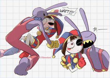 1boy 1girl ;( all_fours ankle_boots arm_support arm_up asymmetrical_footwear asymmetrical_gloves backlighting bad_id bad_twitter_id bare_arms bare_legs bare_shoulders barefoot black_eyes blue_bodysuit blue_boots blue_eyes blue_gloves blue_hat blush blush_stickers bodysuit boots boy_on_top brown_hair center-flap_bangs chromatic_aberration clenched_teeth closed_eyes closed_mouth collared_bodysuit colored_sclera colored_skin colored_teeth cropped_torso english_text fewer_digits film_grain full_body furry furry_male furry_with_non-furry gloves grey_background grid_background hand_on_another's_hand hand_on_another's_shoulder hat hat_bell hetero high_heel_boots high_heels highres inactive_account interspecies jax_(the_amazing_digital_circus) jester jester_cap knees_up light_frown looking_at_another lying mismatched_footwear mismatched_gloves mixed-language_commentary multicolored_bodysuit multicolored_eyes multiple_views no_pupils nose_blush on_back one_eye_closed open_mouth overalls pink_overalls pom_pom_(clothes) pomni_(the_amazing_digital_circus) puffy_short_sleeves puffy_sleeves purple_skin rabbit_boy red_bodysuit red_boots red_eyes red_gloves red_hat sharp_teeth short_hair short_sleeves simple_background sonokare speech_bubble striped_clothes striped_hat striped_headwear sweat teeth the_amazing_digital_circus toes translation_request twitter_username two-tone_bodysuit two-tone_eyes two-tone_hat two-tone_headwear u_u v-shaped_eyebrows vertical-striped_bodysuit vertical-striped_clothes vertical-striped_headwear white_eyes white_skin yellow_gloves yellow_sclera yellow_teeth yellow_trim