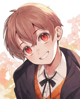 Rule 34 | 1other, absurdres, androgynous, black bow, black jacket, blush, bow, brown hair, collared shirt, commentary request, dress shirt, grin, hair between eyes, head tilt, highres, hood, hood down, hooded jacket, jacket, looking at viewer, numbers (pigpenandpaper), open clothes, open jacket, orange sweater, original, red eyes, shirt, smile, sweater, twitter username, upper body, white background, white shirt