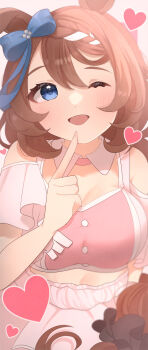 1girl absurdres animal_ears bare_shoulders blue_bow blue_eyes blush bow braid breasts brown_hair clothing_cutout commentary_request cropped_shirt detached_collar hair_between_eyes heart highres horse_ears horse_girl horse_tail kurumiya_(krmy_p) large_breasts long_hair looking_at_viewer meni_shuki_rush-sshu! midriff multicolored_hair one_eye_closed open_mouth pink_shirt pink_skirt shirt shoulder_cutout skirt smile solo streaked_hair super_creek_(umamusume) tail umamusume very_long_hair white_hair