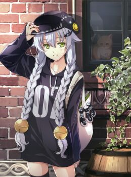 absurdres adjusting_clothes adjusting_headwear altina_orion bag barrel black_hat black_hoodie blush braid brick_wall cat collarbone eiyuu_densetsu green_eyes hair_between_eyes hajimari_no_kiseki hat highres hood hoodie leaf official_alternate_costume official_art shoulder_bag smile thighhighs twin_braids white_hair