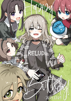 Rule 34 | 5girls, awa subaru, birthday cake, black bow, black choker, black hair, black jacket, black shirt, blue eyes, bow, brown eyes, brown hair, cake, choker, commentary request, dated, ebizuka tomo, food, girls band cry, grey eyes, grey hair, habsida (habsida hpy), hair between eyes, hair bow, happy birthday, highres, iseri nina, jacket, kawaragi momoka, long hair, long hair between eyes, lying, mole, mole under eye, multicolored hair, multiple girls, on back, open mouth, parted bangs, red eyes, red hair, red shirt, roots (hair), rupa (girls band cry), shirt, short hair, sidelocks, togenashi togeari