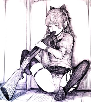 1girl against_wall bags_under_eyes blunt_bangs bow bow_panties bowtie buttons commentary_request cross cross_earrings crosshatching disorder! double-barreled_shotgun earrings fingernails full_body gun gun_in_mouth hair_bow hands_up hatching_(texture) heart heart_necklace high_contrast highres holding holding_gun holding_weapon indoors jewelry juliet_sleeves knees_up lace-trimmed_sleeves lace_trim long_hair long_sleeves looking_ahead miniskirt monochrome necklace no_shoes o-ring o-ring_thigh_strap original panties puffy_sleeves ring ringed_eyes school_uniform shirt shotgun sitting skirt solo suicide thigh_strap thighhighs two_side_up underwear weapon