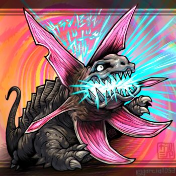 artist_name breath_weapon character_name claws colored_skin commentary_request frill_(anatomy) gabora giant giant_monster glowing grey_skin highres kaiju levanshousa913 lying no_humans nostrils on_stomach open_mouth partial_commentary sharp_teeth signature spikes tail teeth toe_claws tokusatsu translated ultra_series ultraman_(1st_series) white_eyes