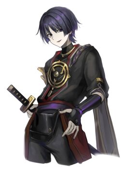 1boy armor arms_at_sides black_bodysuit black_eyes black_hair black_kimono black_shorts black_sleeves blunt_ends bodysuit contrapposto covered_collarbone cropped_legs empty_eyes furisode genshin_impact gold gold_trim hand_on_own_hip highres holding holding_sword holding_weapon japanese_armor japanese_clothes jewelry juban katana kimono kote kurokote layered_sleeves looking_at_viewer male_focus mitsudomoe_(shape) multicolored_hair neck_ring o-ring open_clothes open_kimono open_mouth purple_hair purple_sash purple_sleeves red_kimono red_sash sash scaramouche_(genshin_impact) short_sleeves shorts single_sode smile solo streaked_hair sword talking_ok tomoe_(symbol) tsurime turtleneck turtleneck_bodysuit weapon white_background white_kimono wispy_bangs