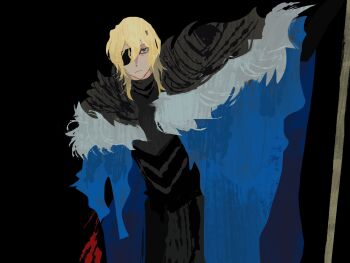 Rule 34 | 1boy, arm up, armor, black armor, black background, blonde hair, blood, blood splatter, blue cape, blue eyes, cape, cinderdrift, commentary, dimitri alexandre blaiddyd, dimitri alexandre blaiddyd (timeskip), english commentary, eyepatch, fire emblem, fire emblem: three houses, hair between eyes, highres, looking at viewer, male focus, nintendo, one eye covered, polearm, simple background, solo, weapon
