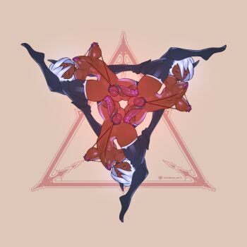 Rule 34 | 3futa, anal, artist name, black thighhighs, breasts, closed eyes, dark skin, full body, futanari, highres, large breasts, large penis, leg grab, multiple futa, multiple persona, nipple piercing, nude, penis, piercing, sex, short hair, symmetry, tail, tailbox, testicles, thighhighs, triangle, white hair, yellow background