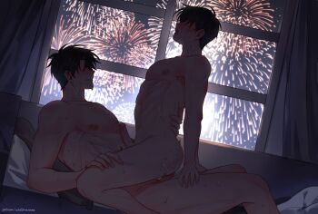 2boys abs absurdres aerial_fireworks arched_back black_hair blush commentary completely_nude cowgirl_position cum dark dim_lighting english_commentary erection feet_out_of_frame fireworks from_side hand_on_another's_back hand_on_another's_leg highres kim_dokja multiple_boys night nude omniscient_reader's_viewpoint papercider pectorals penis ribs short_hair straddling sweatdrop toned toned_male window_light yaoi yoo_joonghyuk