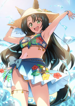 1girl absurdres animal_ears armpits arms_up baasaku_(balasaku24) bead_bracelet beads bikini bird black_hair blue_bikini blue_sarong blue_sky blush bracelet breasts ears_through_headwear floral_print floral_print_bikini floral_print_sarong flower green_eyes hair_between_eyes hat hat_flower highres horse_ears horse_girl horse_tail jewelry long_hair looking_at_viewer medium_breasts multicolored_hair navel necklace official_alternate_costume official_alternate_hairstyle open_mouth outdoors print_bikini sarong satono_crown_(sunny_island_splendor)_(umamusume) satono_crown_(umamusume) sky smile solo straw_hat streaked_hair sun_hat swimsuit tail toucan umamusume water white_hair