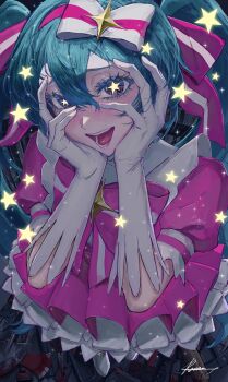 1girl :d absurdres axe baseball_bat blood bloody_weapon blue_hair bonesaw bow bowtie dress eye_reflection gloves hair_bow hair_ribbon hairband hands_on_own_face hatsune_miku highres ima_sugu_rinne_(vocaloid) katana knife long_hair magical_girl open_mouth pickaxe pink_bow pink_bowtie pink_dress pink_hairband pink_ribbon puffy_short_sleeves puffy_sleeves ratte_(cf) reflection ribbon saw scissors short_sleeves shovel signature smile solo star-shaped_pupils star_(symbol) sword symbol-shaped_pupils too_many_weapons twintails very_long_hair vocaloid weapon white_bow white_gloves wrench