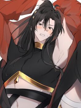 1boy ahoge alternate_costume armpits arms_up asymmetrical_clothes bishounen black_eyes black_hair black_pants black_shirt blush clenched_teeth clothing_cutout crop_top crossdressing dancer gold_trim harem_outfit highres long_hair looking_at_viewer male_focus manjuyawaraka midriff modao_zushi navel non-web_source pants ponytail red_shawl shawl shirt sidelocks simple_background solo spread_legs sweatdrop teeth thigh_cutout trap turtleneck wei_wuxian white_background