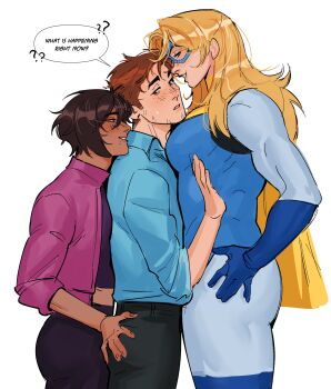 1boy 2girls ? ?? absurdres altades_art assertive_female black_hair black_pants blonde_blazer blonde_hair blue_mask blush brown_hair dark-skinned_female dark_skin dispatch domino_mask english_text eye_mask face_piercing girl_sandwich grabbing_another&#039;s_ass groping hands_on_own_hips height_difference highres invisigal jacket long_hair looking_at_another mask midriff multiple_girls nose_piercing pants piercing pink_jacket robert_robertson sandwiched simple_background speech_bubble superhero_costume white_background