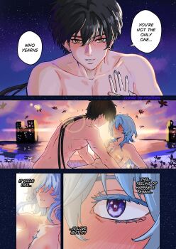 1boy 1girl absurdres black_hair blue_hair blue_nails blush breasts colored_eyelashes commentary completely_nude english_commentary english_text hair_between_eyes hand_on_own_chest highres long_hair male_rover_(wuthering_waves) medium_breasts nail_polish nipples nude outdoors purple_eyes rezilism rover_(wuthering_waves) shorekeeper_(wuthering_waves) sunrise wuthering_waves yellow_eyes