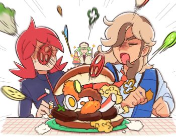 3boys arven_(pokemon) baseball_cap bell_pepper bell_pepper_slice brown_hair chueog deviled_egg food green_hair hair_over_one_eye hat highres light_brown_hair long_hair multicolored_hair multiple_boys n_(pokemon) naranja_academy_school_uniform necktie nintendo pokemon pokemon_bw pokemon_hgss pokemon_masters_ex pokemon_sv ponytail red_hair sandwich school_uniform silver_(pokemon) tomato tomato_slice two-tone_hair