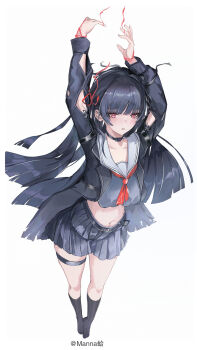 1girl absurdres arm_cutout arms_up artist_name black_choker black_hair black_jacket black_serafuku black_shirt black_skirt black_socks blush chinese_commentary chisa_(wuthering_waves) choker clothing_cutout collarbone commentary crop_top hair_ribbon highres jacket long_hair long_sleeves looking_at_viewer mannaha7 navel neckerchief parted_lips red_eyes red_neckerchief red_ribbon ribbon sailor_collar school_uniform serafuku shirt simple_background skirt socks solo stomach thigh_strap white_background white_sailor_collar wuthering_waves