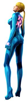1girl 3d absurdres ass back blonde_hair bodysuit breasts female_focus green_eyes high_heels highres looking_up metroid metroid:_other_m mole mole_under_mouth nintendo non-web_source official_art ponytail profile realistic samus_aran sideboob simple_background skin_tight solo wedge_heels zero_suit