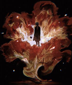 1boy black_coat coat commentary embers english_commentary faceless facing_viewer flower flower_request full_body glowing highres light_particles ludwig_van_beethoven male_focus necktie original painterly real_life red_necktie revol4357 shirt short_hair solo standing white_hair white_shirt