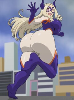 ass bodysuit boku_no_hero_academia breasts eye_mask huge_ass long_hair looking_at_viewer looking_back mask mount_lady multicolored_bodysuit one_eye_closed open_mouth pink_eyes smile snakebd superhero_costume thick_thighs thighs wink