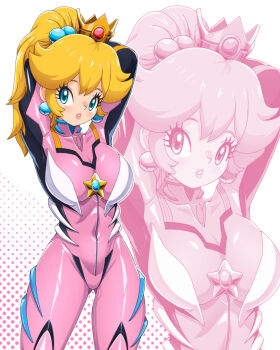 Rule 34 | 1girl, blonde hair, blue eyes, blush, bodysuit, breasts, cosplay, highres, large breasts, long hair, looking at viewer, makinami mari illustrious, mario (series), neon genesis evangelion, nintendo, pink lips, ponytail, princess, princess peach, solo, teeth, zuchysdraws